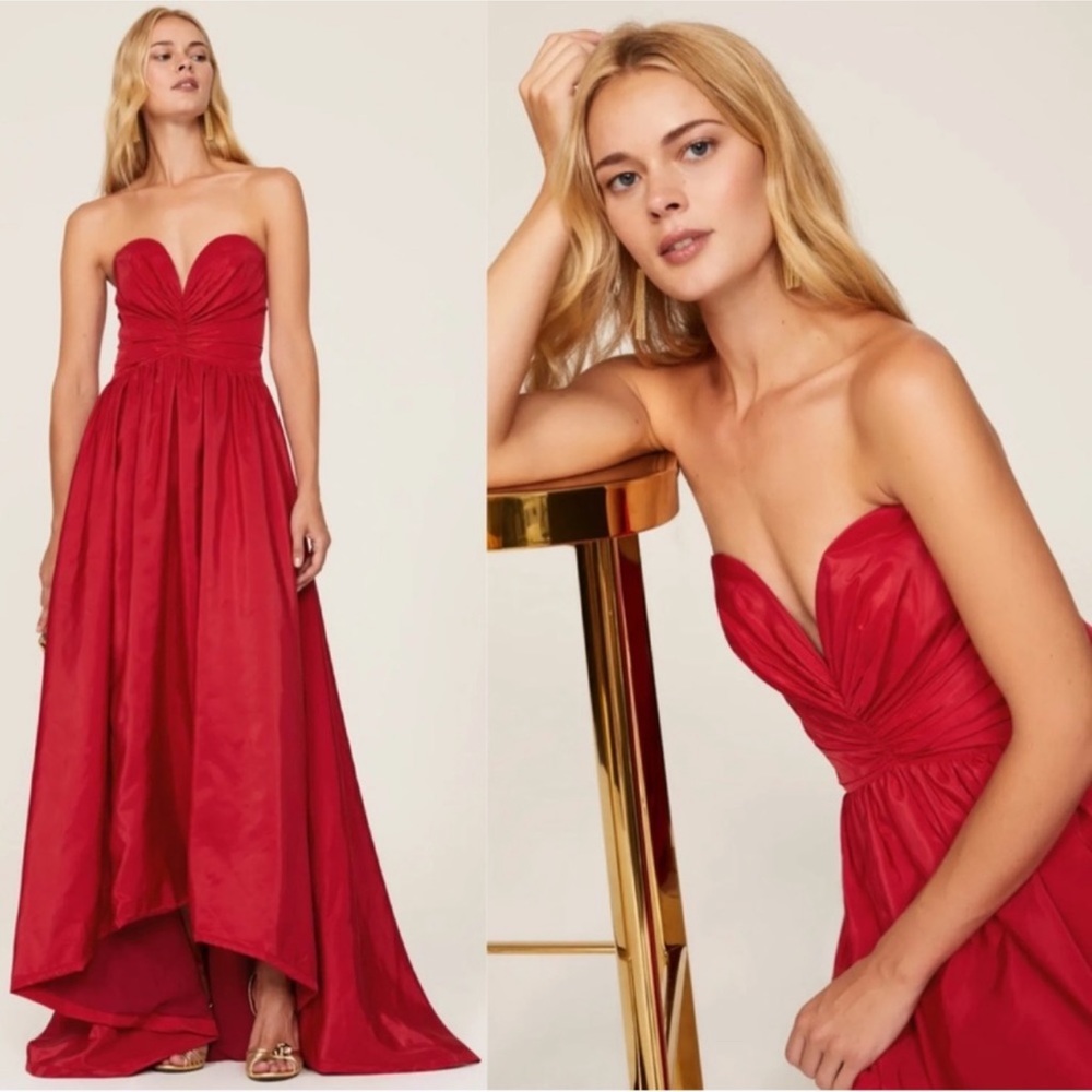 ML Monique Lhuillier Strapless Taffeta High Low Gown Dress Carnelian Red Size 6